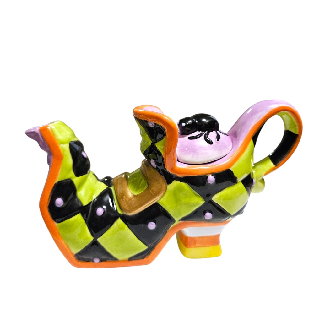 Ceramic Halloween Witch's Boot Teapot Spider Lid Harlequin Check Whimsical Decor - Picture 10 of 16